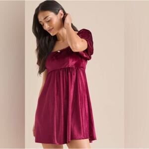 Altar'd State Julia Puff Sleeve Velvet Babydoll Mini Dress Burgundy Size Medium